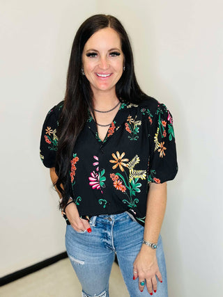 Julie Button Up Floral Top Black-Short Sleeves-GiGiO-Motis & Co Boutique, Women's Fashion Boutique in Carthage, Missouri