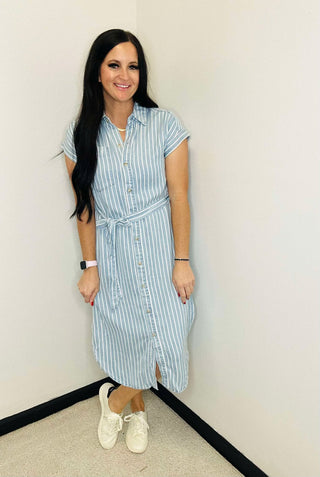 Skyler Stripe Chambray Shirt Dress-dress-blu pepper-Motis & Co Boutique, Women's Fashion Boutique in Carthage, Missouri