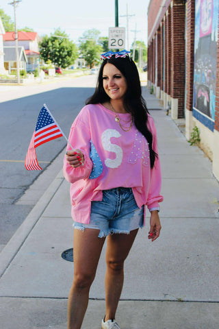 Pearl Pink USA Patch Oversize Sweatshirt-Long Sleeves-Fantastic Fawn-Motis & Co Boutique, Women's Fashion Boutique in Carthage, Missouri
