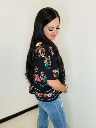 Julie Button Up Floral Top Black-Short Sleeves-GiGiO-Motis & Co Boutique, Women's Fashion Boutique in Carthage, Missouri