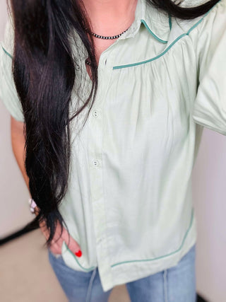 Heidi Sage Button Down Blouse-Short Sleeves-GiGiO-Motis & Co Boutique, Women's Fashion Boutique in Carthage, Missouri