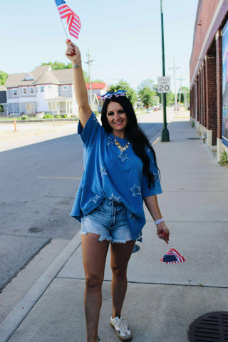 Demi Denim Star Appliqued Top-Short Sleeves-Fantastic Fawn-Motis & Co Boutique, Women's Fashion Boutique in Carthage, Missouri