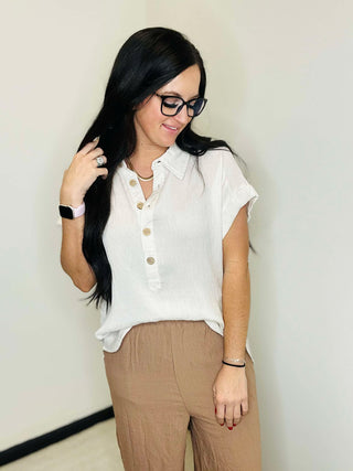 Diana Linen Half Button Blouse Natural-Short Sleeves-blu pepper-Motis & Co Boutique, Women's Fashion Boutique in Carthage, Missouri
