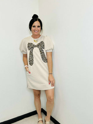 Nyla Beige Leopard Bow Dress-Dresses-BiBi-Motis & Co Boutique, Women's Fashion Boutique in Carthage, Missouri
