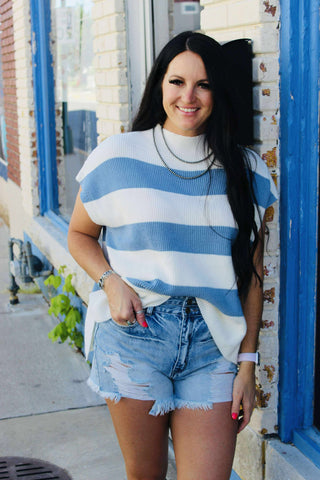 Lainey Blue Stripe Short Sleeve Sweater-Short Sleeves-Jodifl-Motis & Co Boutique, Women's Fashion Boutique in Carthage, Missouri