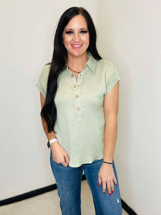 Diana Linen Half Button Blouse Olive-Short Sleeves-blu pepper-Motis & Co Boutique, Women's Fashion Boutique in Carthage, Missouri