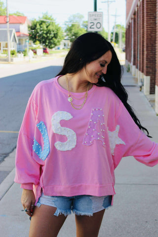 Pearl Pink USA Patch Oversize Sweatshirt-Long Sleeves-Fantastic Fawn-Motis & Co Boutique, Women's Fashion Boutique in Carthage, Missouri