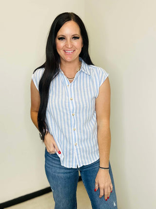 Sarah Striped Button Down Blouse Blue-Short Sleeves-blu pepper-Motis & Co Boutique, Women's Fashion Boutique in Carthage, Missouri