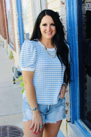 Tiffany Textured Blue Striped Top-Short Sleeves-Jodifl-Motis & Co Boutique, Women's Fashion Boutique in Carthage, Missouri