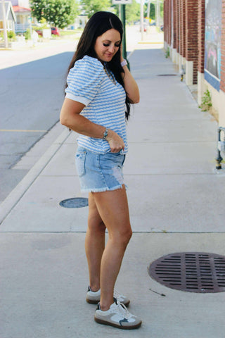 Tiffany Textured Blue Striped Top-Short Sleeves-Jodifl-Motis & Co Boutique, Women's Fashion Boutique in Carthage, Missouri