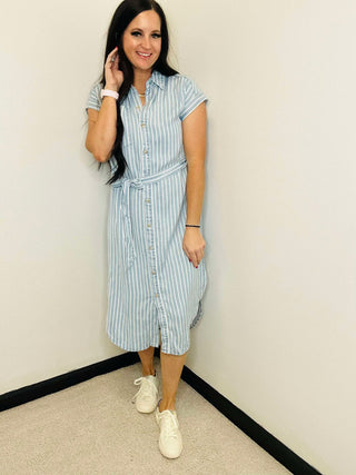 Skyler Stripe Chambray Shirt Dress-dress-blu pepper-Motis & Co Boutique, Women's Fashion Boutique in Carthage, Missouri