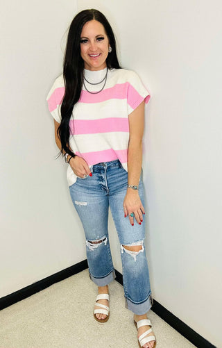 Lainey Pink Stripe Short Sleeve Sweater-Short Sleeves-Jodifl-Motis & Co Boutique, Women's Fashion Boutique in Carthage, Missouri