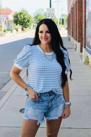 Tiffany Textured Blue Striped Top-Short Sleeves-Jodifl-Motis & Co Boutique, Women's Fashion Boutique in Carthage, Missouri