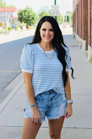 Tiffany Textured Blue Striped Top-Short Sleeves-Jodifl-Motis & Co Boutique, Women's Fashion Boutique in Carthage, Missouri