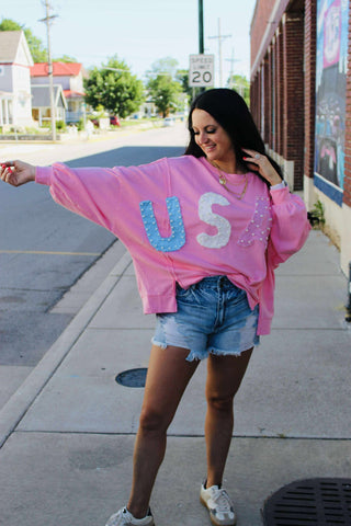 Pearl Pink USA Patch Oversize Sweatshirt-Long Sleeves-Fantastic Fawn-Motis & Co Boutique, Women's Fashion Boutique in Carthage, Missouri