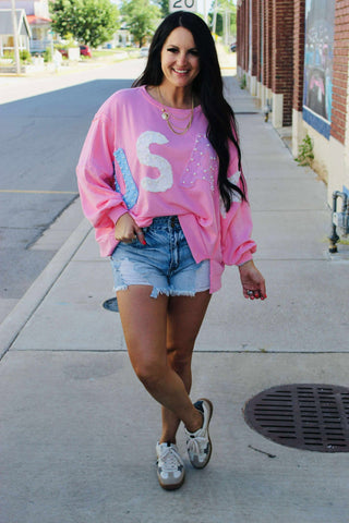 Pearl Pink USA Patch Oversize Sweatshirt-Long Sleeves-Fantastic Fawn-Motis & Co Boutique, Women's Fashion Boutique in Carthage, Missouri