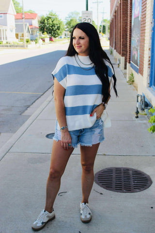 Lainey Blue Stripe Short Sleeve Sweater-Short Sleeves-Jodifl-Motis & Co Boutique, Women's Fashion Boutique in Carthage, Missouri