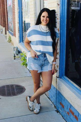 Lainey Blue Stripe Short Sleeve Sweater-Short Sleeves-Jodifl-Motis & Co Boutique, Women's Fashion Boutique in Carthage, Missouri