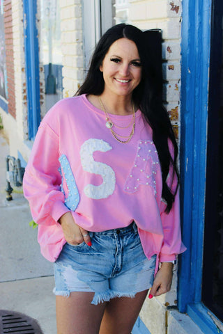 Pearl Pink USA Patch Oversize Sweatshirt-Long Sleeves-Fantastic Fawn-Motis & Co Boutique, Women's Fashion Boutique in Carthage, Missouri