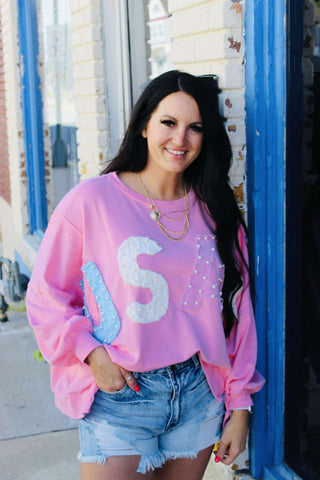 Pearl Pink USA Patch Oversize Sweatshirt-Long Sleeves-Fantastic Fawn-Motis & Co Boutique, Women's Fashion Boutique in Carthage, Missouri