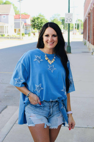 Demi Denim Star Appliqued Top-Short Sleeves-Fantastic Fawn-Motis & Co Boutique, Women's Fashion Boutique in Carthage, Missouri