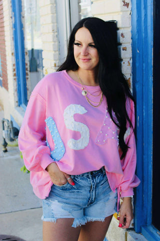 Pearl Pink USA Patch Oversize Sweatshirt-Long Sleeves-Fantastic Fawn-Motis & Co Boutique, Women's Fashion Boutique in Carthage, Missouri