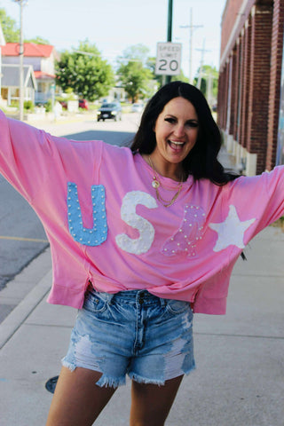 Pearl Pink USA Patch Oversize Sweatshirt-Long Sleeves-Fantastic Fawn-Motis & Co Boutique, Women's Fashion Boutique in Carthage, Missouri