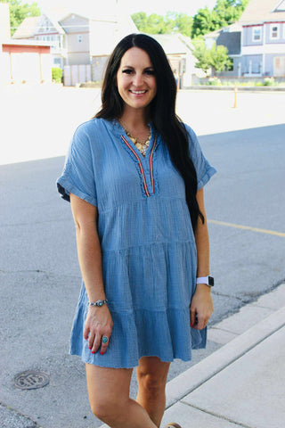 Lana Blue Gauze Dress Embroidered V Neck-Dresses-GiGiO-Motis & Co Boutique, Women's Fashion Boutique in Carthage, Missouri