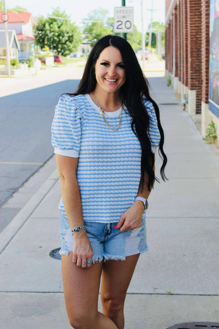 Tiffany Textured Blue Striped Top-Short Sleeves-Jodifl-Motis & Co Boutique, Women's Fashion Boutique in Carthage, Missouri