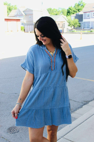 Lana Blue Gauze Dress Embroidered V Neck-Dresses-GiGiO-Motis & Co Boutique, Women's Fashion Boutique in Carthage, Missouri