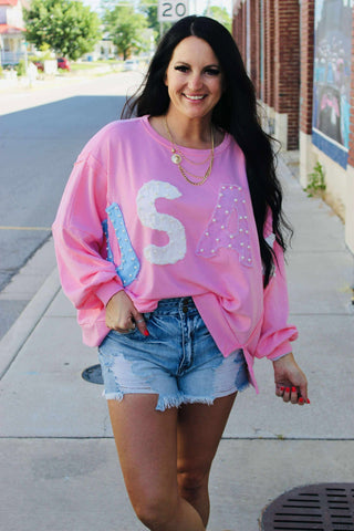 Pearl Pink USA Patch Oversize Sweatshirt-Long Sleeves-Fantastic Fawn-Motis & Co Boutique, Women's Fashion Boutique in Carthage, Missouri