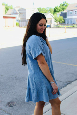 Lana Blue Gauze Dress Embroidered V Neck-Dresses-GiGiO-Motis & Co Boutique, Women's Fashion Boutique in Carthage, Missouri