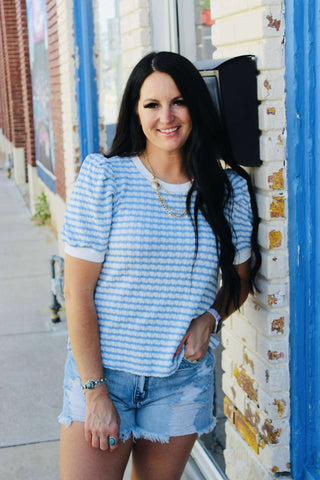Tiffany Textured Blue Striped Top-Short Sleeves-Jodifl-Motis & Co Boutique, Women's Fashion Boutique in Carthage, Missouri