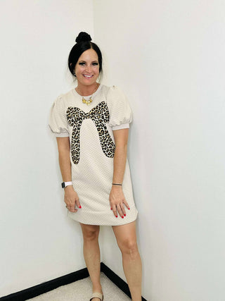 Nyla Beige Leopard Bow Dress-Dresses-BiBi-Motis & Co Boutique, Women's Fashion Boutique in Carthage, Missouri