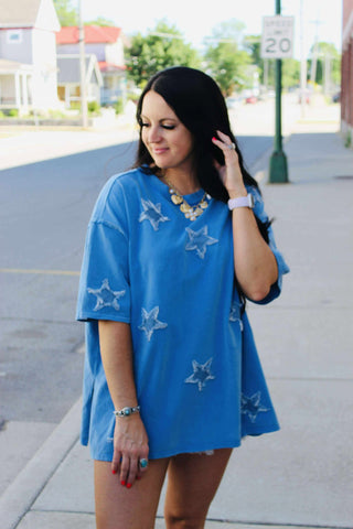 Demi Denim Star Appliqued Top-Short Sleeves-Fantastic Fawn-Motis & Co Boutique, Women's Fashion Boutique in Carthage, Missouri