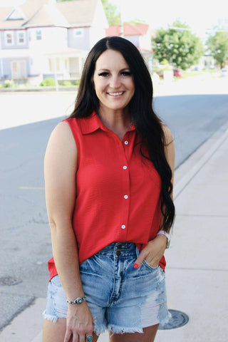 Andree by Unit Sleeveless Button Down Blouse Red-Short Sleeves-Andree by Unit-Motis & Co Boutique, Women's Fashion Boutique in Carthage, Missouri