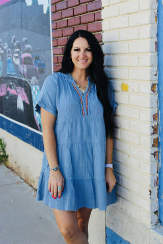 Lana Blue Gauze Dress Embroidered V Neck-Dresses-GiGiO-Motis & Co Boutique, Women's Fashion Boutique in Carthage, Missouri