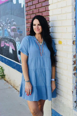 Lana Blue Gauze Dress Embroidered V Neck-Dresses-GiGiO-Motis & Co Boutique, Women's Fashion Boutique in Carthage, Missouri