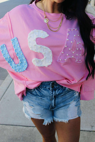 Pearl Pink USA Patch Oversize Sweatshirt-Long Sleeves-Fantastic Fawn-Motis & Co Boutique, Women's Fashion Boutique in Carthage, Missouri