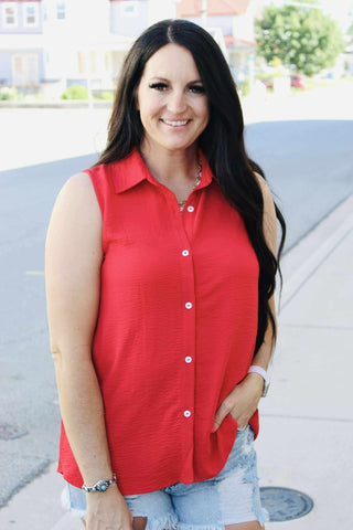 Andree by Unit Sleeveless Button Down Blouse Red-Short Sleeves-Andree by Unit-Motis & Co Boutique, Women's Fashion Boutique in Carthage, Missouri