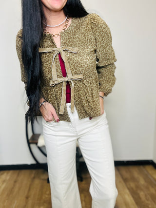 Fiona Tie Front Leopard Long Sleeve Top-Long Sleeves-Very J-Motis & Co Boutique, Women's Fashion Boutique in Carthage, Missouri