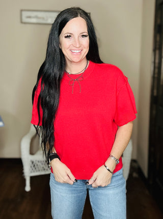 Isla Red Short Sleeve Sweater-Sweaters-Jodifl-Motis & Co Boutique, Women's Fashion Boutique in Carthage, Missouri