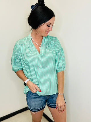 Emery Green Stiped Bubble Sleeve Top-Short Sleeves-GiGiO-Motis & Co Boutique, Women's Fashion Boutique in Carthage, Missouri