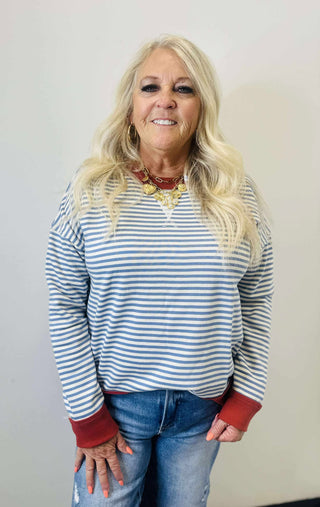 Hadley Blue Pinstriped Sweatshirt-Tops-staccato-Motis & Co Boutique, Women's Fashion Boutique in Carthage, Missouri
