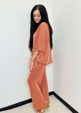 Wanderer Dear Scarlett Terracotta Ribbed Wide Leg Set-Sets-Dear Scarlett-Motis & Co Boutique, Women's Fashion Boutique in Carthage, Missouri