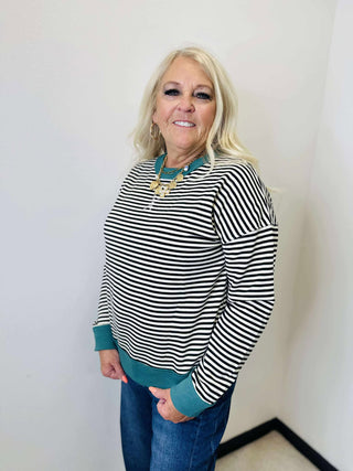 Hadley Black Pinstriped Sweatshirt-Pullovers-staccato-Motis & Co Boutique, Women's Fashion Boutique in Carthage, Missouri
