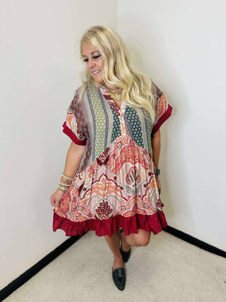 Julia Short Sleeve Boho Print Dress-Dresses-Blue Velvet-Motis & Co Boutique, Women's Fashion Boutique in Carthage, Missouri