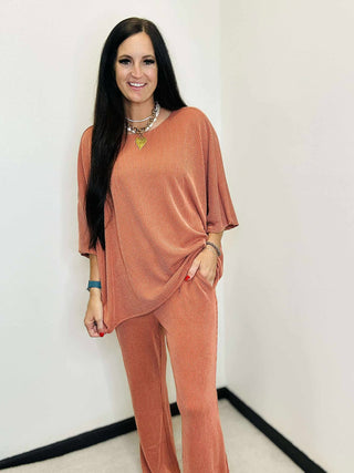 Wanderer Dear Scarlett Terracotta Ribbed Wide Leg Set-Sets-Dear Scarlett-Motis & Co Boutique, Women's Fashion Boutique in Carthage, Missouri