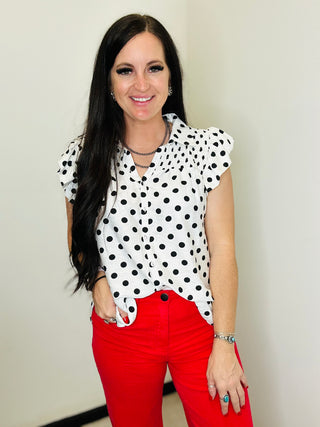 Patty Polk a Dot Ruffle Sleeve Blouse-Short Sleeves-GiGiO-Motis & Co Boutique, Women's Fashion Boutique in Carthage, Missouri