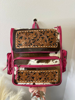 Cowhide & Pink Tooled Backpack-Backpacks-Western Linen-Motis & Co Boutique, Women's Fashion Boutique in Carthage, Missouri